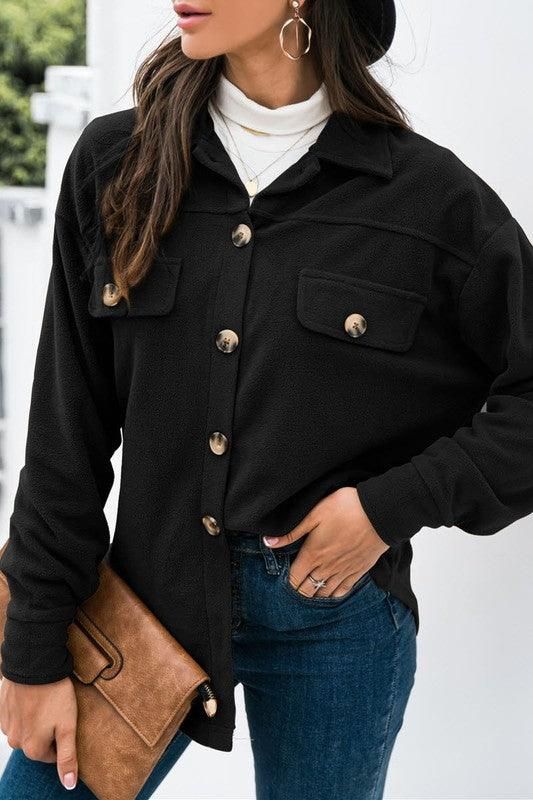 LONG SLEEVE LAPEL BUTTON FLEECE CASUAL SHIRT - Doublju