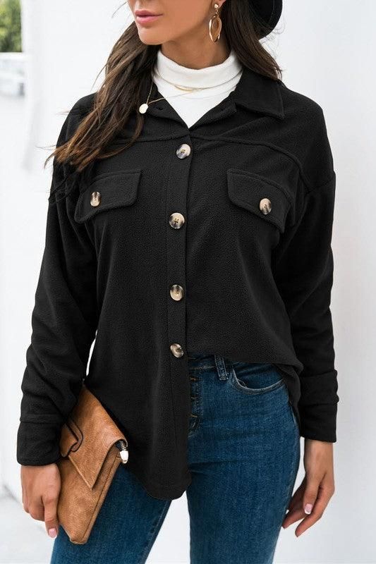LONG SLEEVE LAPEL BUTTON FLEECE CASUAL SHIRT - Doublju