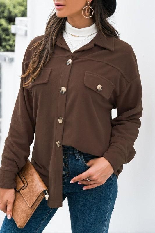 LONG SLEEVE LAPEL BUTTON FLEECE CASUAL SHIRT - Doublju