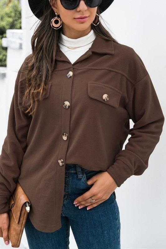 LONG SLEEVE LAPEL BUTTON FLEECE CASUAL SHIRT - Doublju