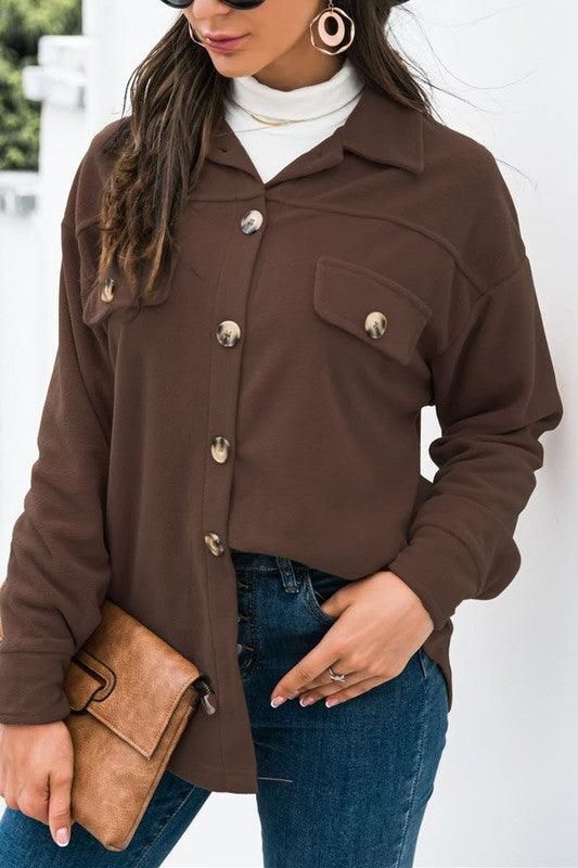 LONG SLEEVE LAPEL BUTTON FLEECE CASUAL SHIRT - Doublju