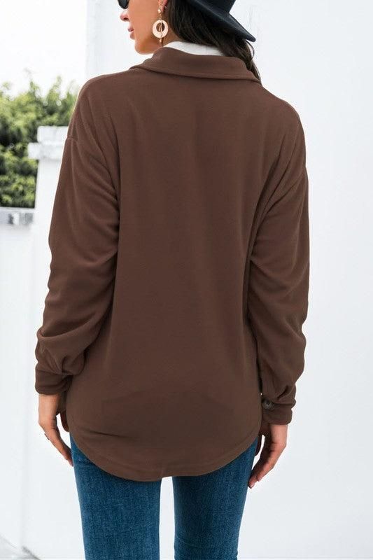 LONG SLEEVE LAPEL BUTTON FLEECE CASUAL SHIRT - Doublju