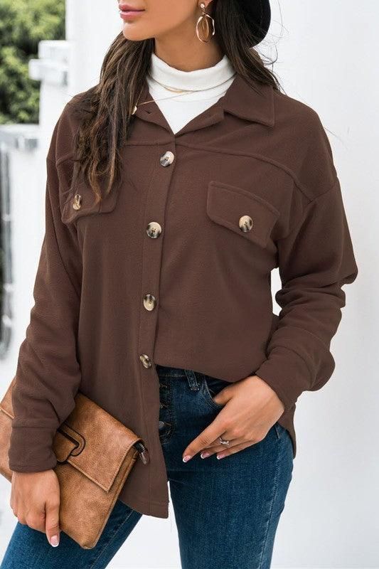 LONG SLEEVE LAPEL BUTTON FLEECE CASUAL SHIRT - Doublju