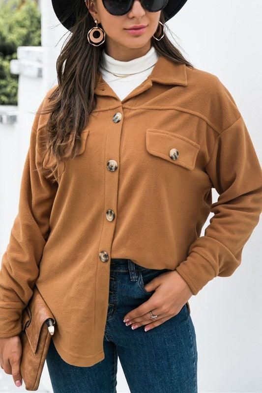LONG SLEEVE LAPEL BUTTON FLEECE CASUAL SHIRT - Doublju