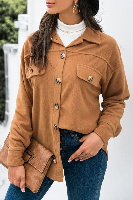LONG SLEEVE LAPEL BUTTON FLEECE CASUAL SHIRT - Doublju