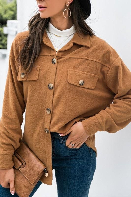LONG SLEEVE LAPEL BUTTON FLEECE CASUAL SHIRT - Doublju