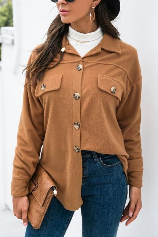 LONG SLEEVE LAPEL BUTTON FLEECE CASUAL SHIRT - Doublju