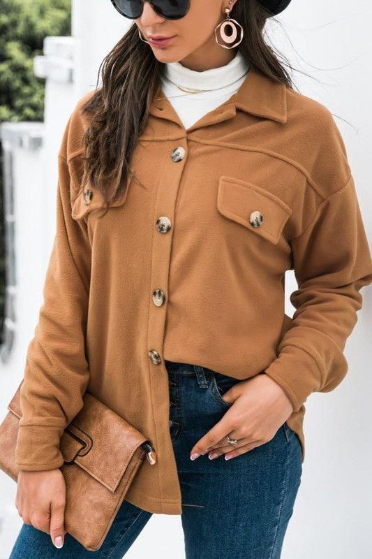 LONG SLEEVE LAPEL BUTTON FLEECE CASUAL SHIRT - Doublju