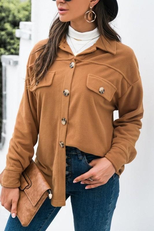LONG SLEEVE LAPEL BUTTON FLEECE CASUAL SHIRT - Doublju