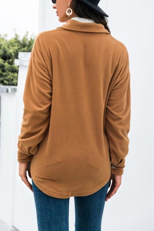 LONG SLEEVE LAPEL BUTTON FLEECE CASUAL SHIRT - Doublju