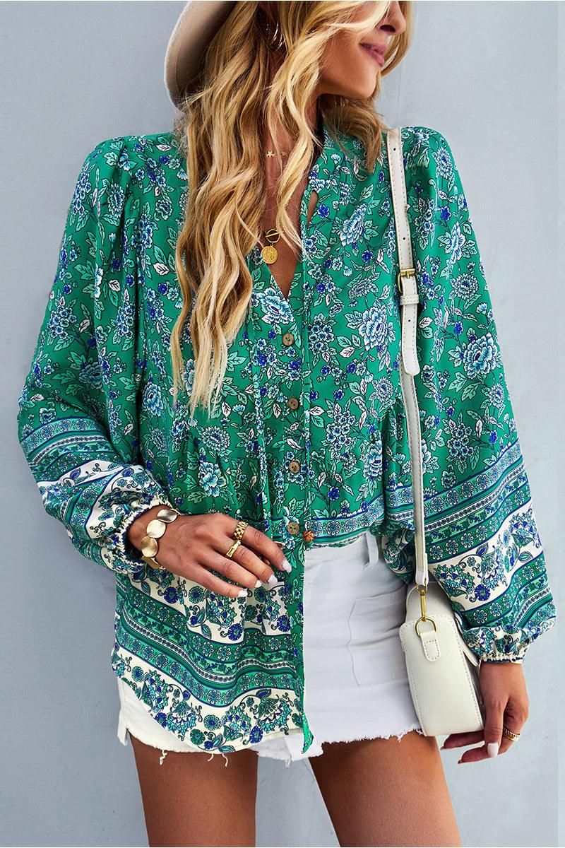 FLORAL PATTERNED BUTTON DOWN TUNIC SHIRTS - Doublju