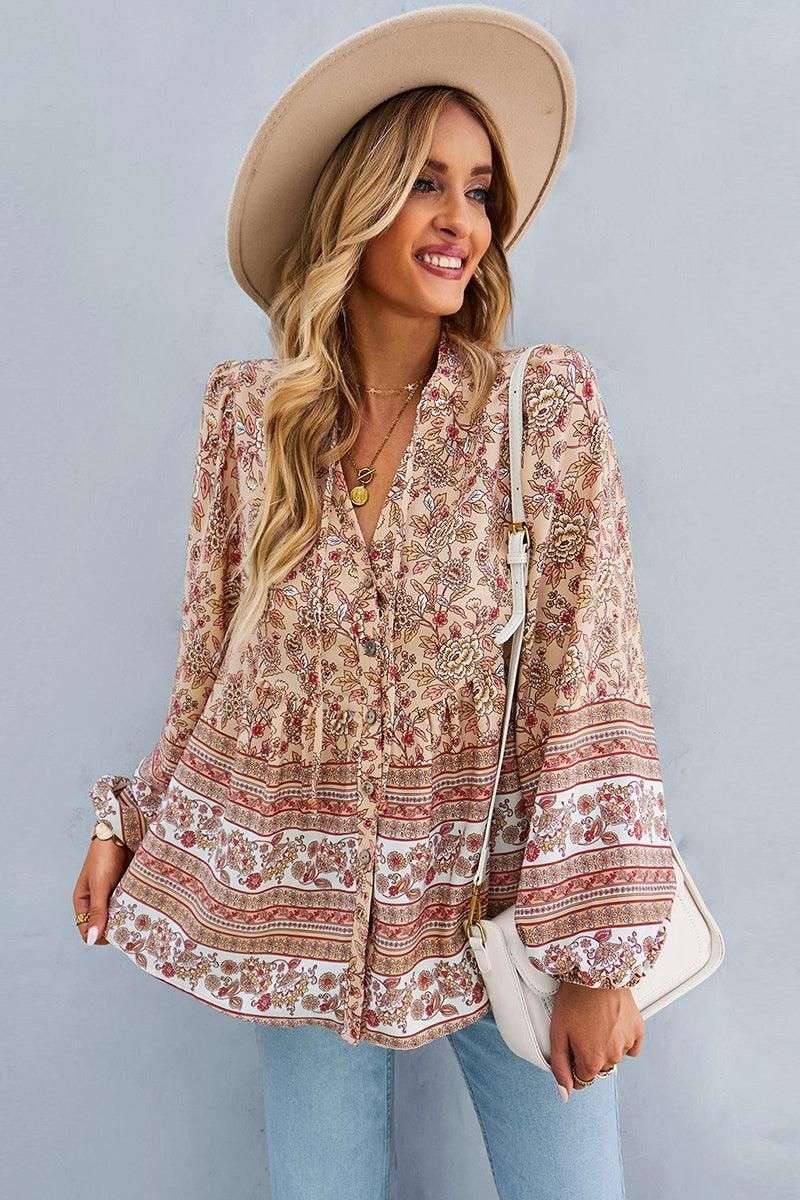 FLORAL PATTERNED BUTTON DOWN TUNIC SHIRTS - Doublju