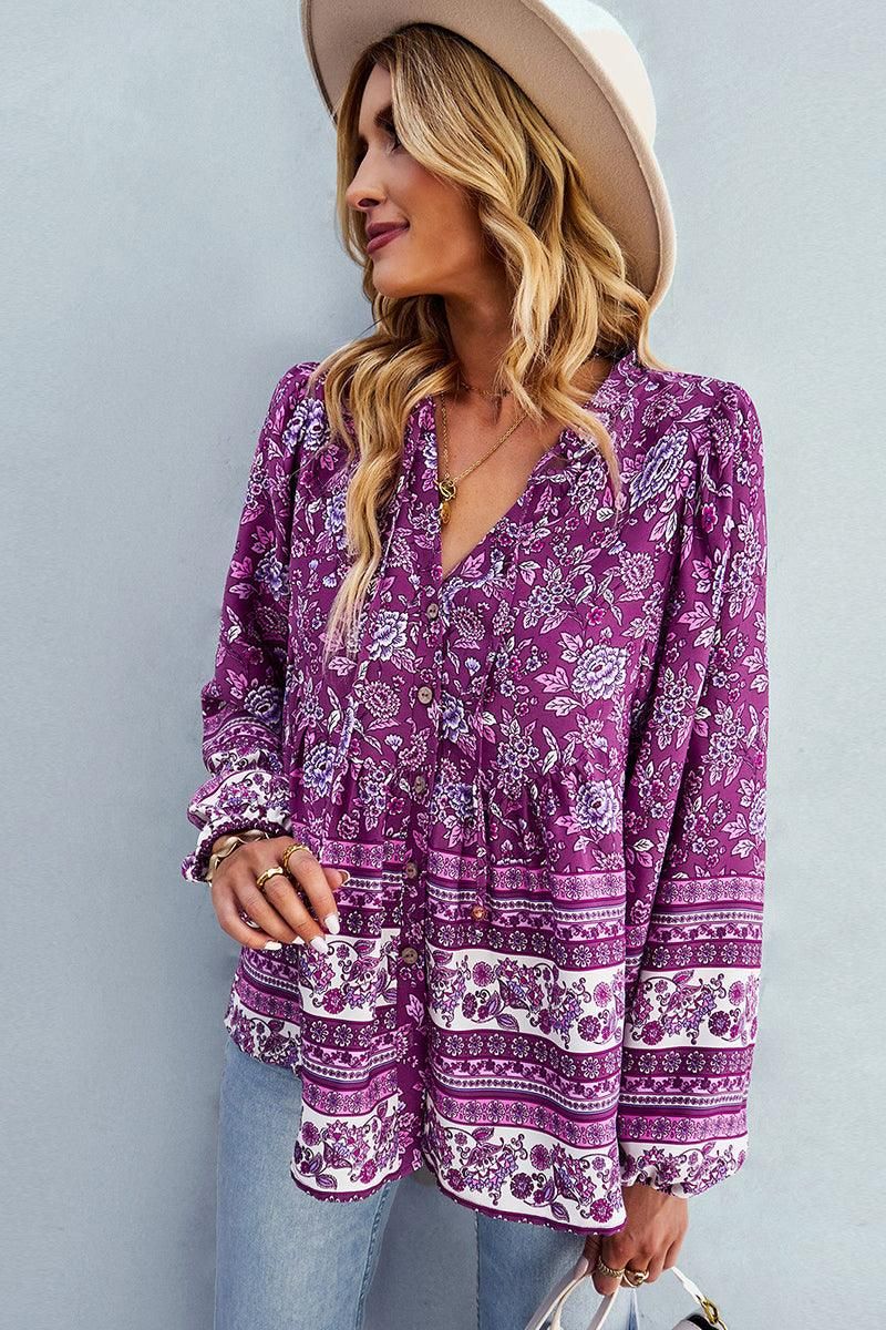 FLORAL PATTERNED BUTTON DOWN TUNIC SHIRTS - Doublju