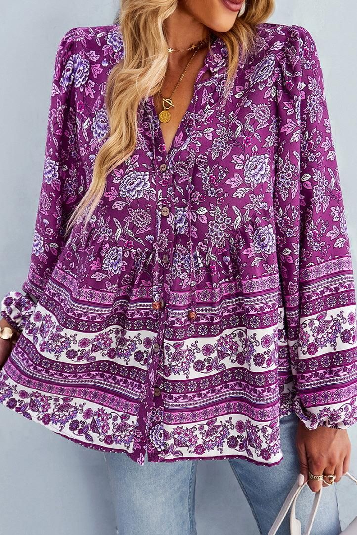 FLORAL PATTERNED BUTTON DOWN TUNIC SHIRTS - Doublju