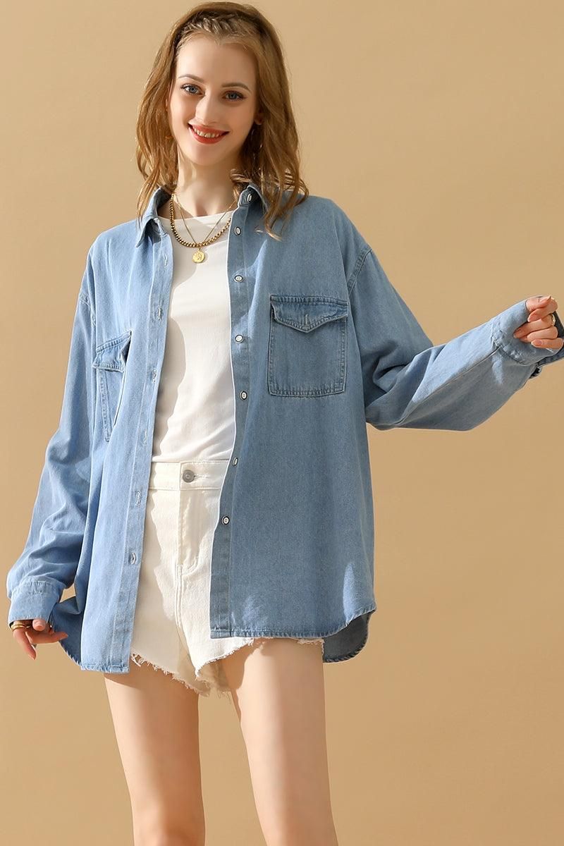SIMPLE POKCET DENIM LONG SLEEVE SHIRTS - Doublju