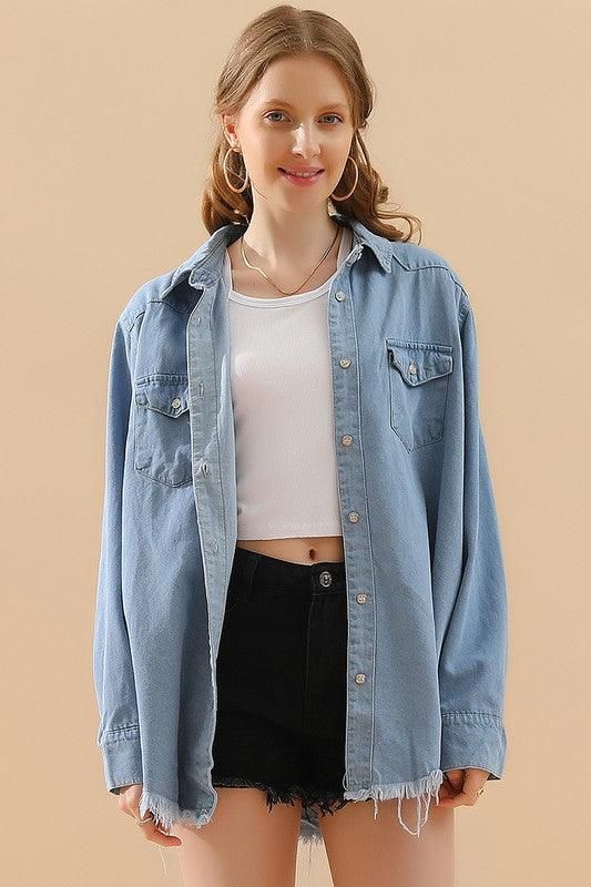 DISTRESSED DENIM LONG SLEEVE POCKET SHIRTS - Doublju