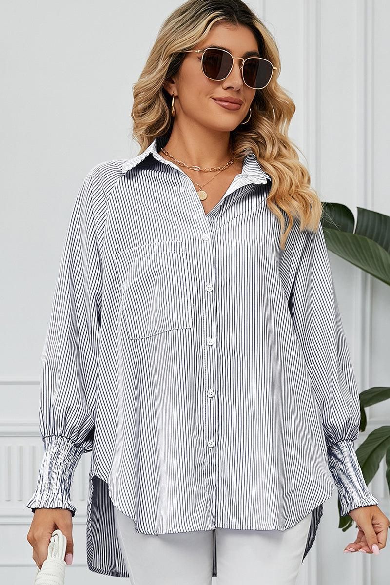 CUFF DRAW PLEATED LOOSE STRIPE COLLAR SHIRTS - Doublju