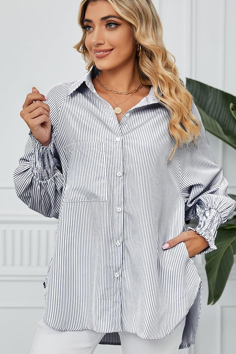 CUFF DRAW PLEATED LOOSE STRIPE COLLAR SHIRTS - Doublju