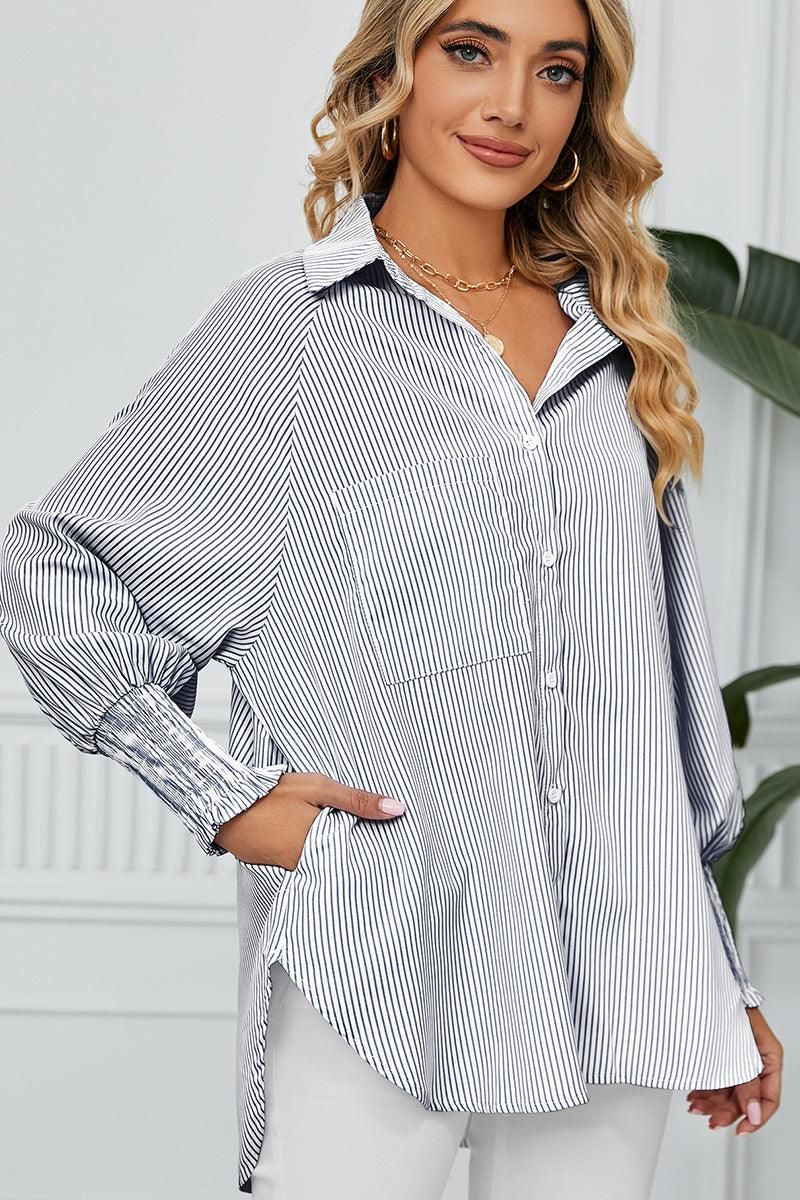 CUFF DRAW PLEATED LOOSE STRIPE COLLAR SHIRTS - Doublju