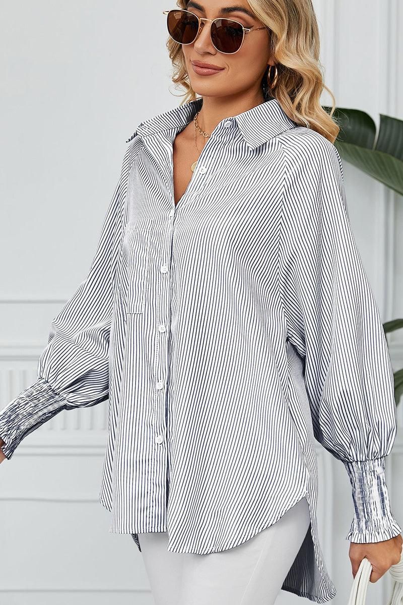 CUFF DRAW PLEATED LOOSE STRIPE COLLAR SHIRTS - Doublju