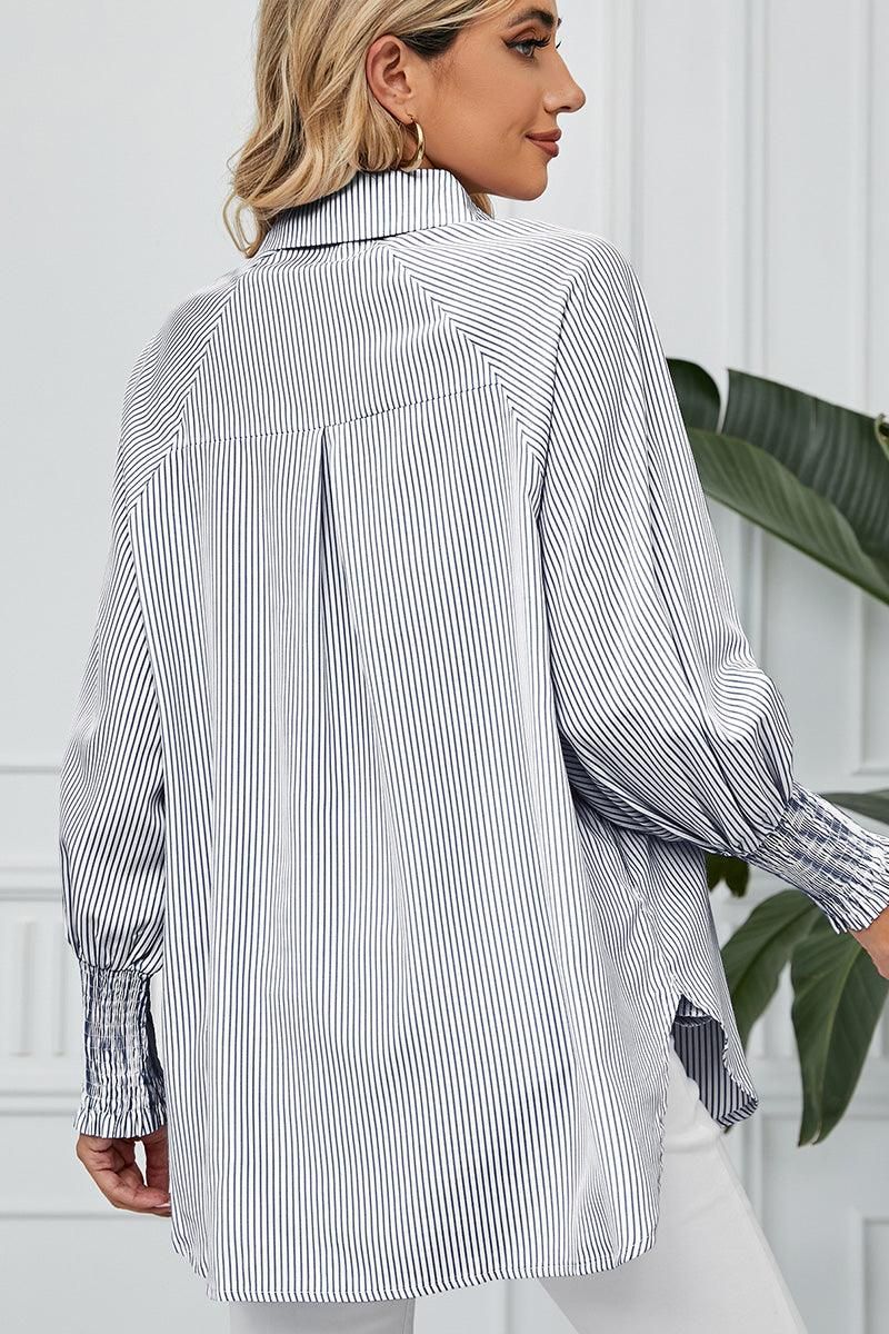CUFF DRAW PLEATED LOOSE STRIPE COLLAR SHIRTS - Doublju