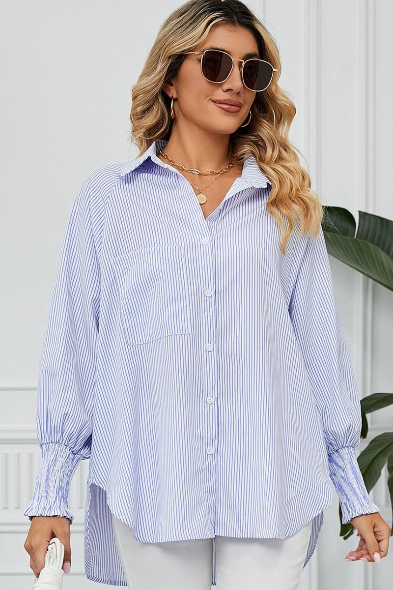 CUFF DRAW PLEATED LOOSE STRIPE COLLAR SHIRTS - Doublju