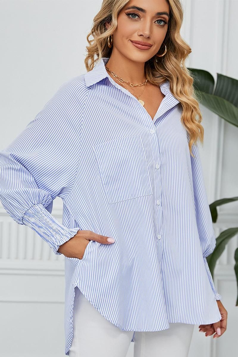 CUFF DRAW PLEATED LOOSE STRIPE COLLAR SHIRTS - Doublju