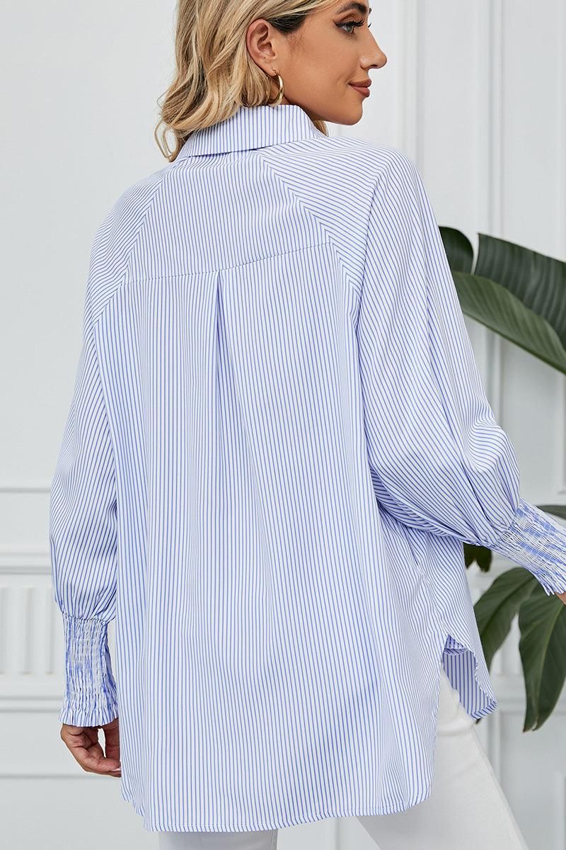 CUFF DRAW PLEATED LOOSE STRIPE COLLAR SHIRTS - Doublju
