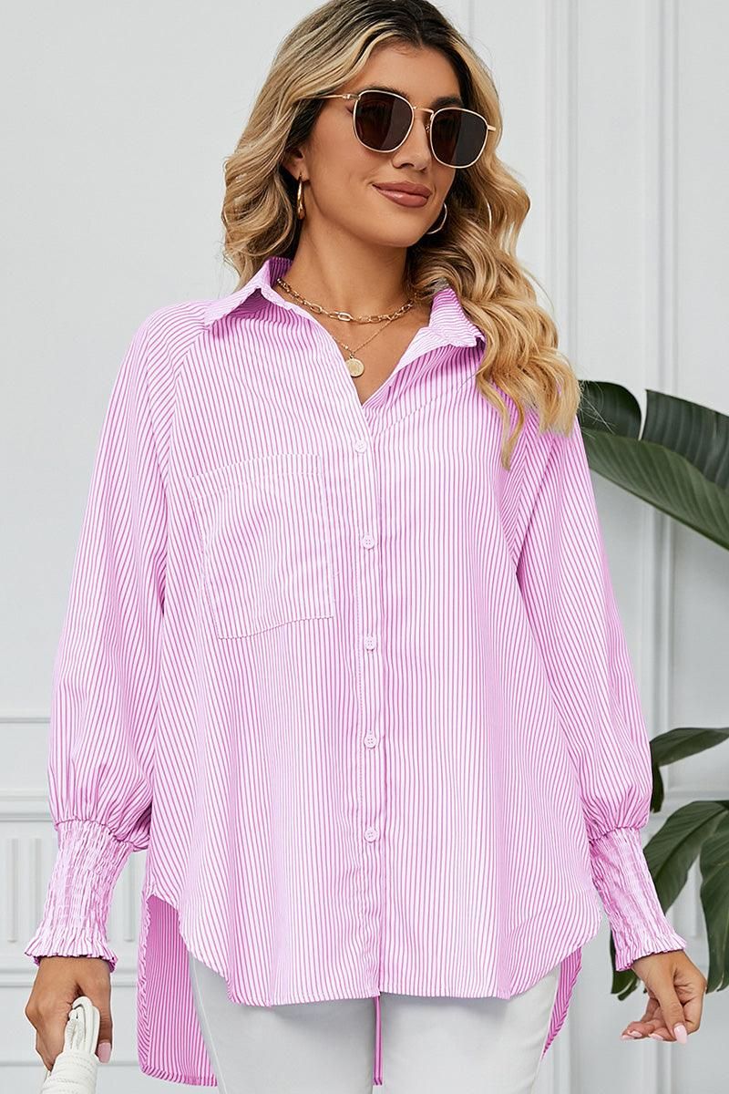 CUFF DRAW PLEATED LOOSE STRIPE COLLAR SHIRTS - Doublju