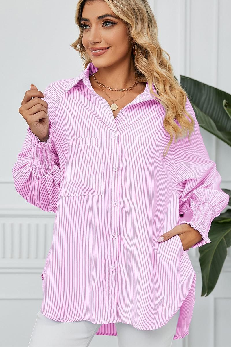 CUFF DRAW PLEATED LOOSE STRIPE COLLAR SHIRTS - Doublju