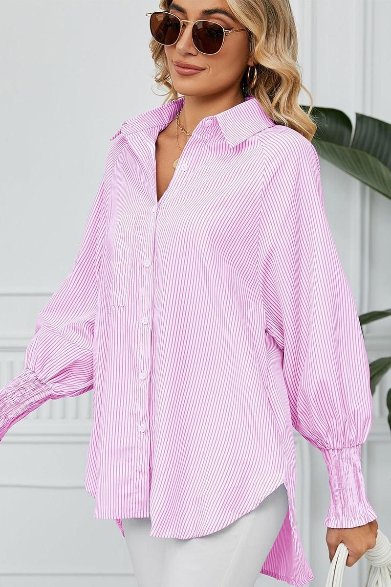 CUFF DRAW PLEATED LOOSE STRIPE COLLAR SHIRTS - Doublju