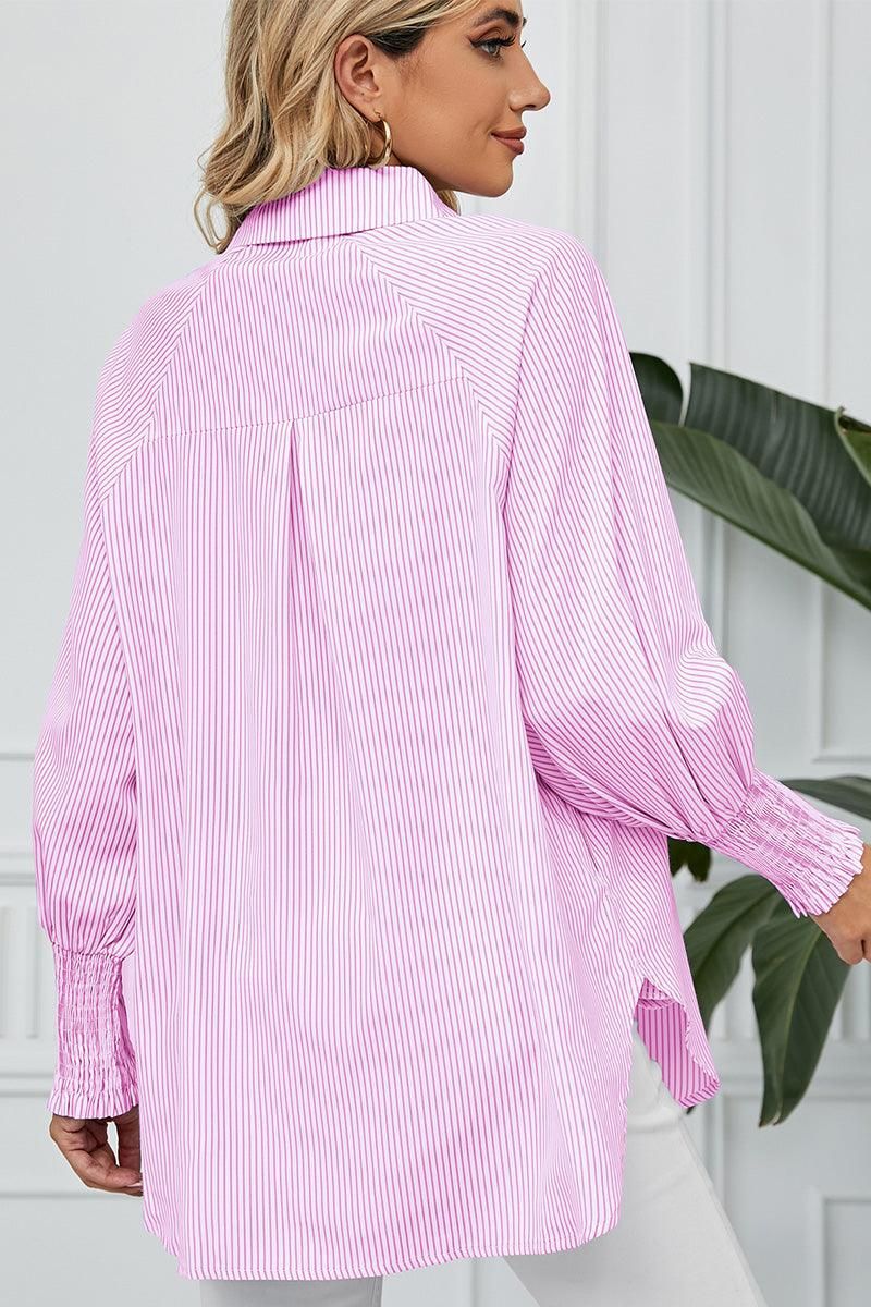 CUFF DRAW PLEATED LOOSE STRIPE COLLAR SHIRTS - Doublju