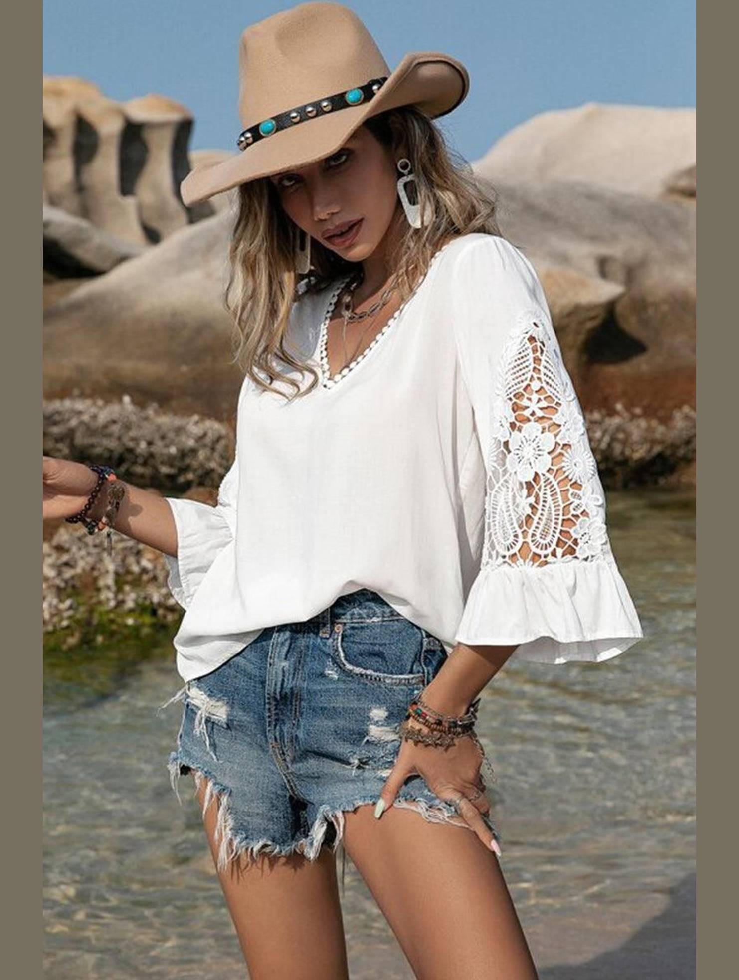 LACED V NECK RUFFLE SLEEVE T SHIRT - Doublju