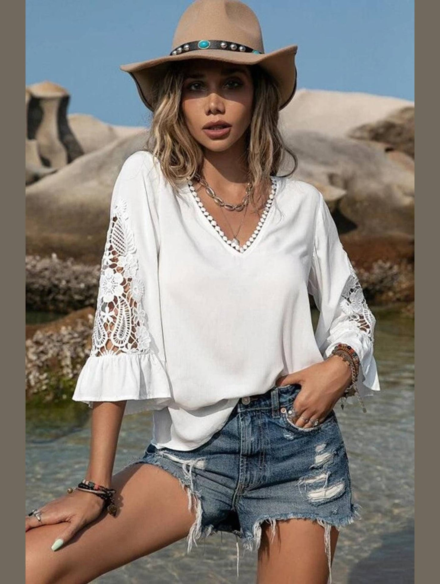 LACED V NECK RUFFLE SLEEVE T SHIRT - Doublju