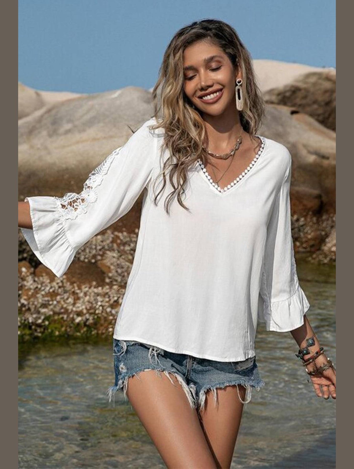 LACED V NECK RUFFLE SLEEVE T SHIRT - Doublju