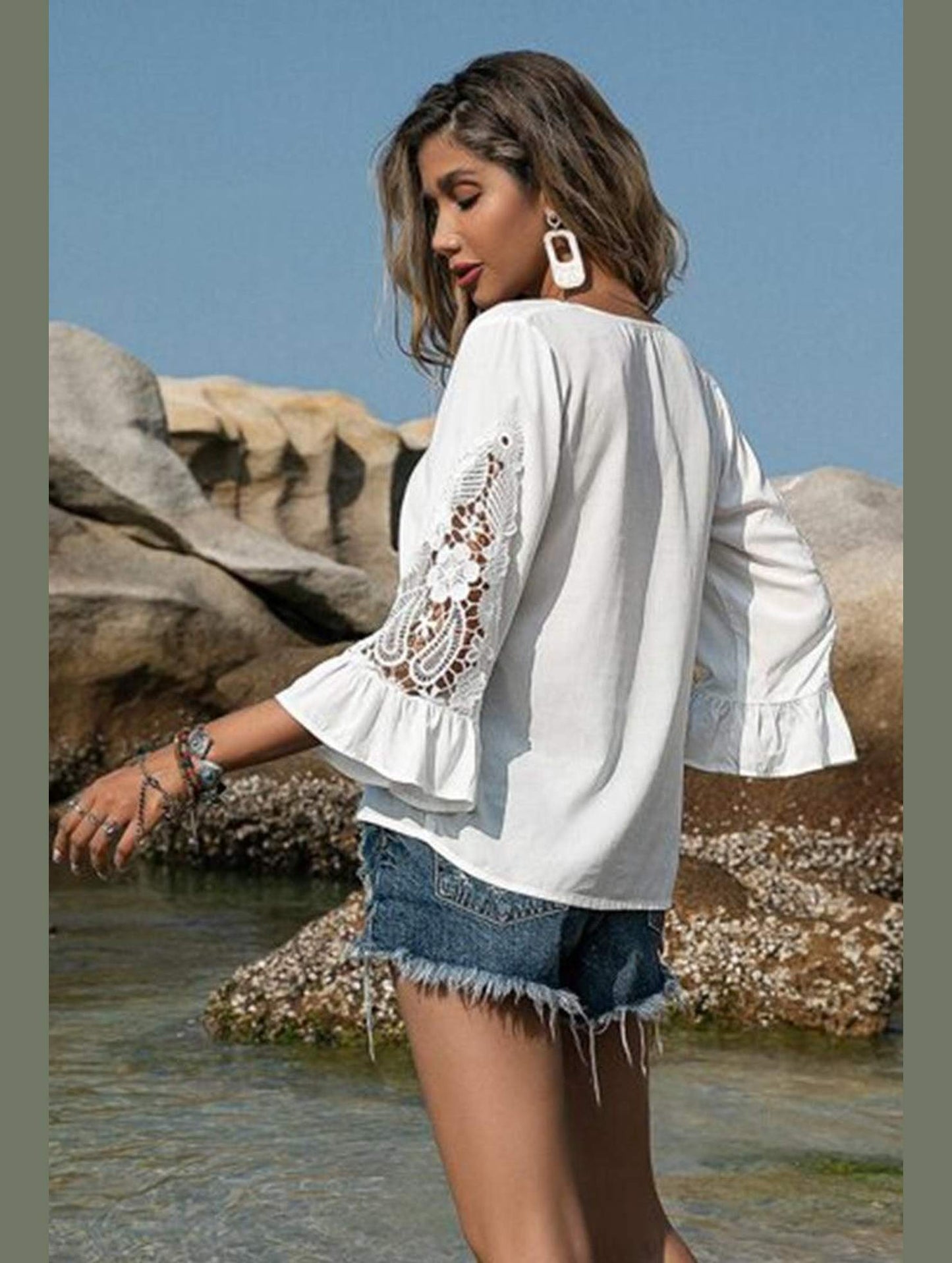 LACED V NECK RUFFLE SLEEVE T SHIRT - Doublju