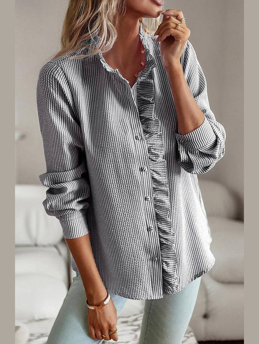 BUTTON UP LACE STRIPE SHIRT - Doublju