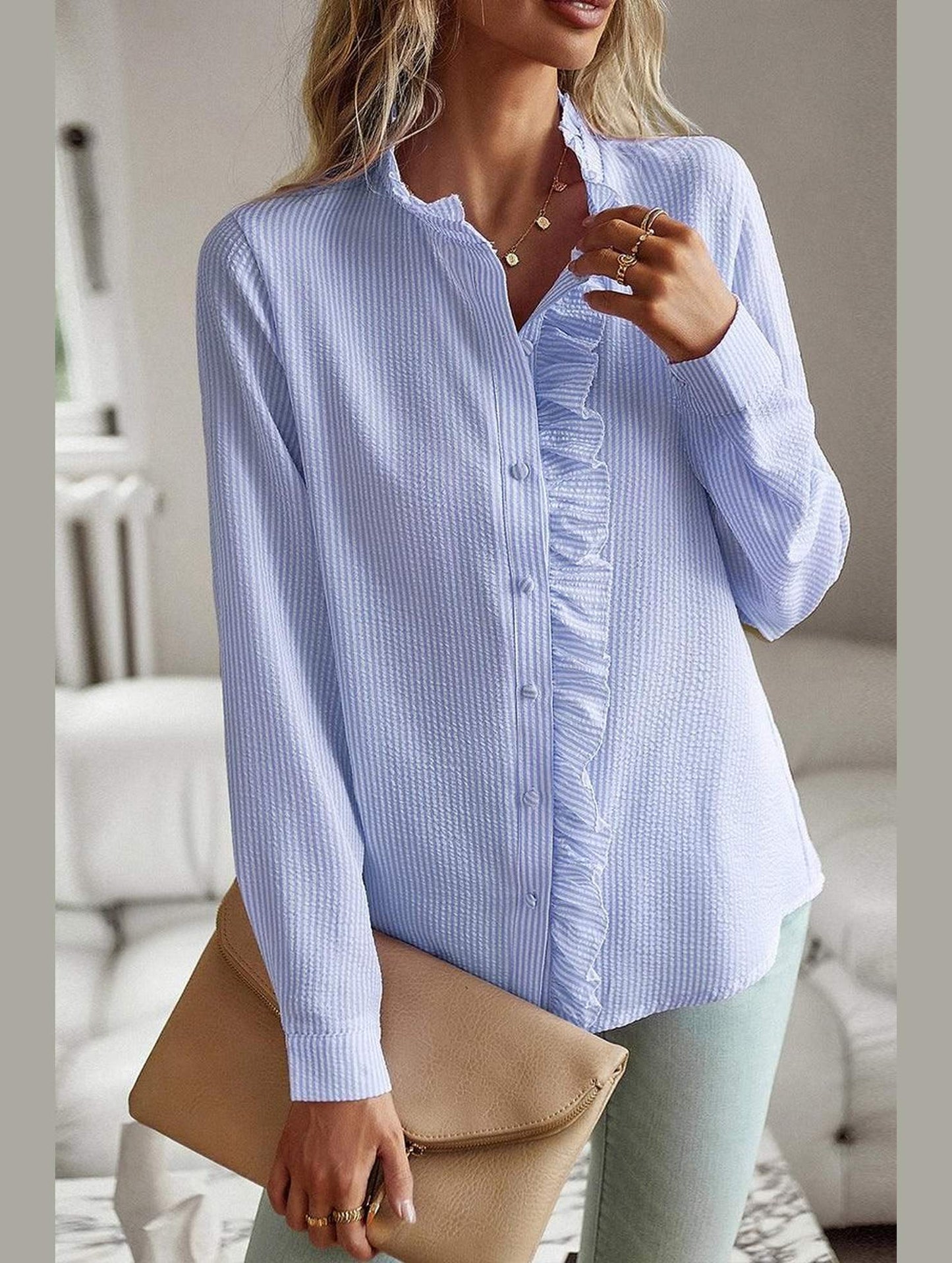 BUTTON UP LACE STRIPE SHIRT - Doublju