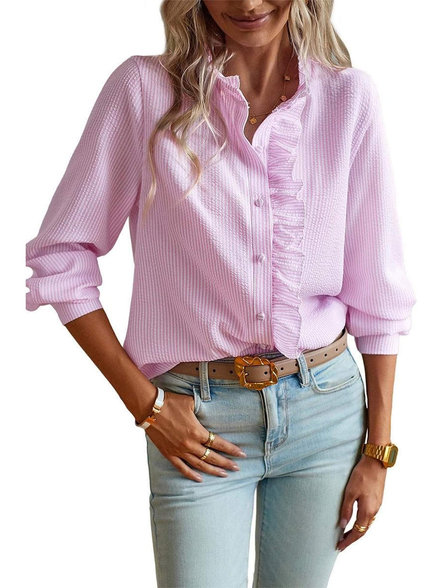 BUTTON UP LACE STRIPE SHIRT - Doublju