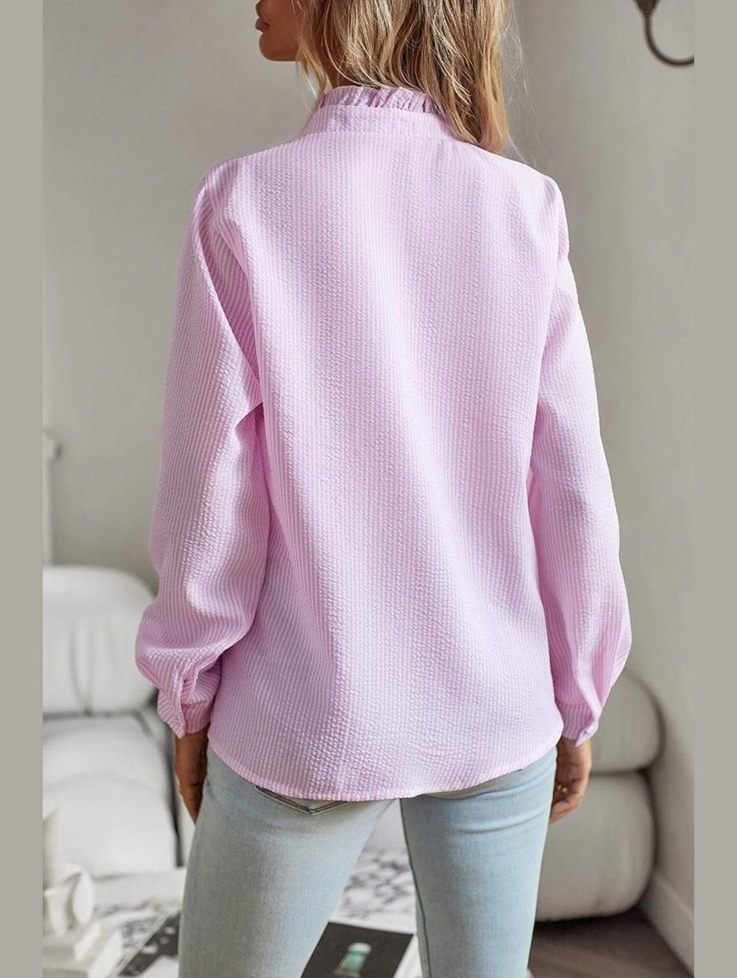 BUTTON UP LACE STRIPE SHIRT - Doublju