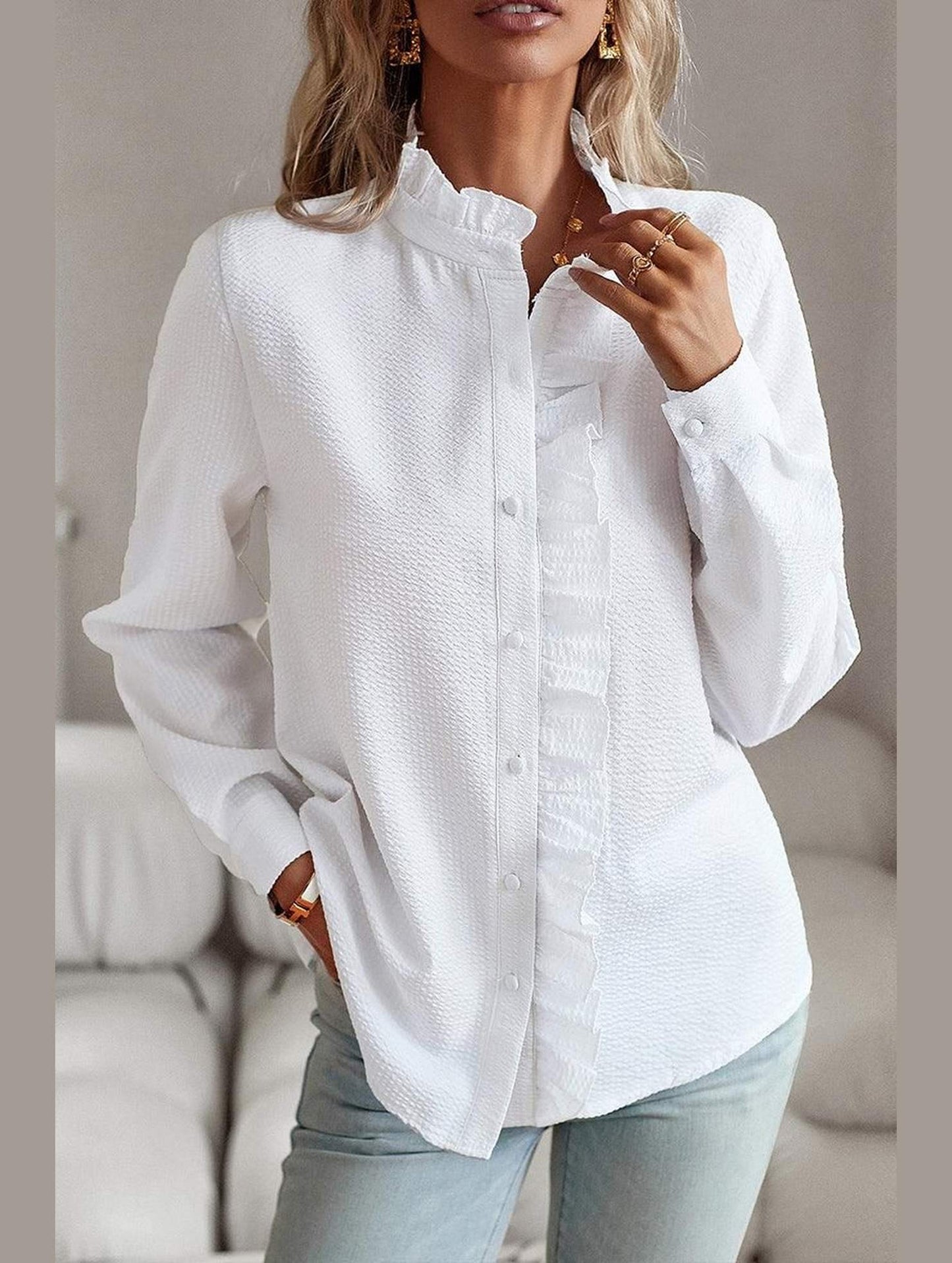 BUTTON UP LACE STRIPE SHIRT - Doublju