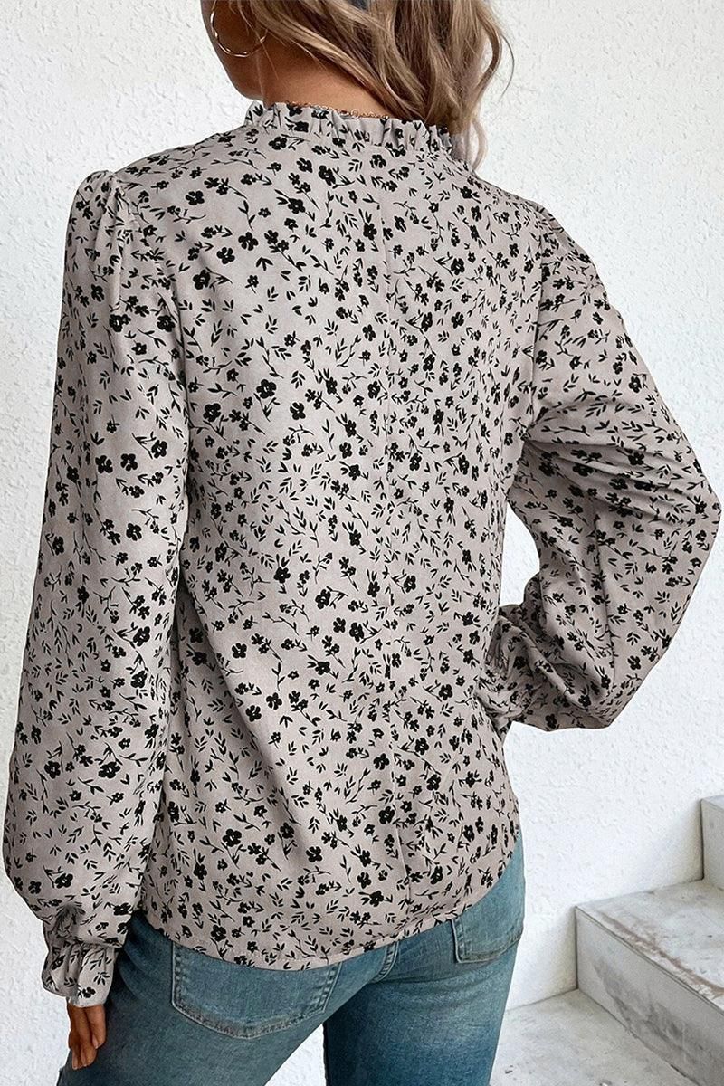 WOMEN RUFFLED SLEEVE V NECK FLORAL BLOUSE TOP - Doublju