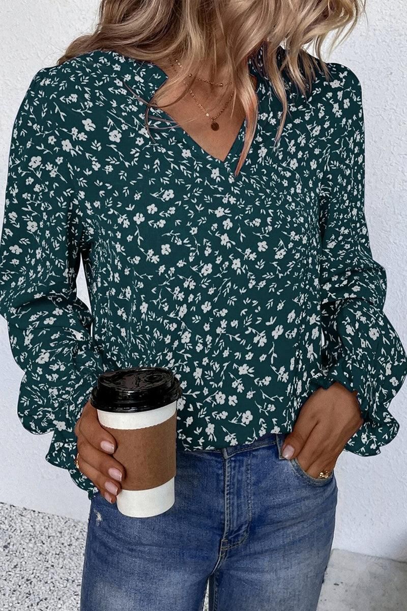 WOMEN RUFFLED SLEEVE V NECK FLORAL BLOUSE TOP - Doublju