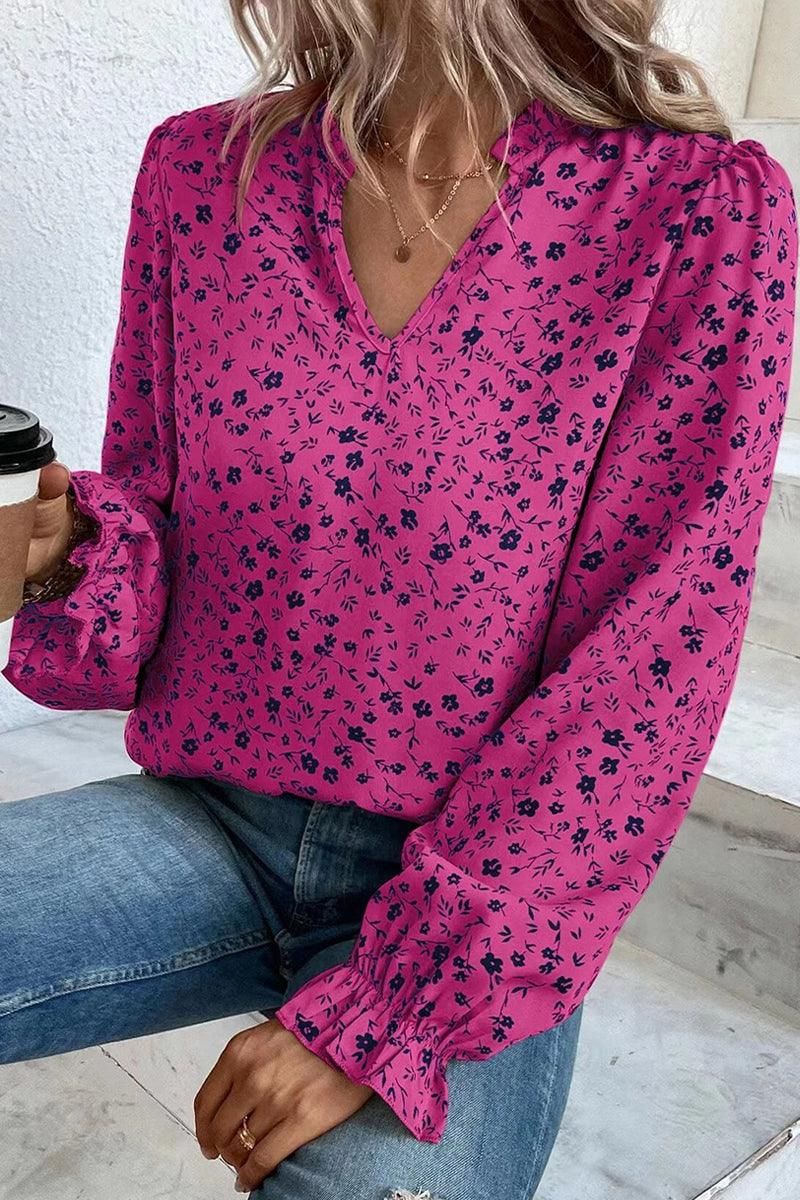 WOMEN RUFFLED SLEEVE V NECK FLORAL BLOUSE TOP - Doublju
