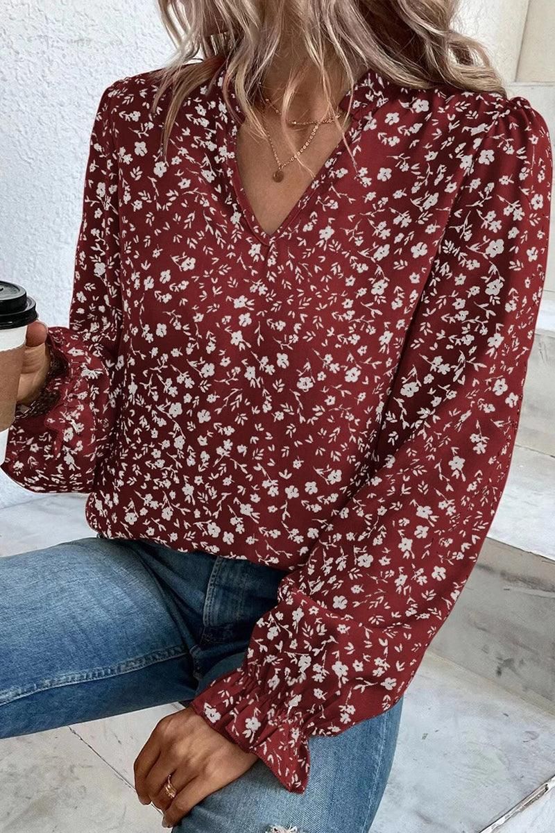WOMEN RUFFLED SLEEVE V NECK FLORAL BLOUSE TOP - Doublju