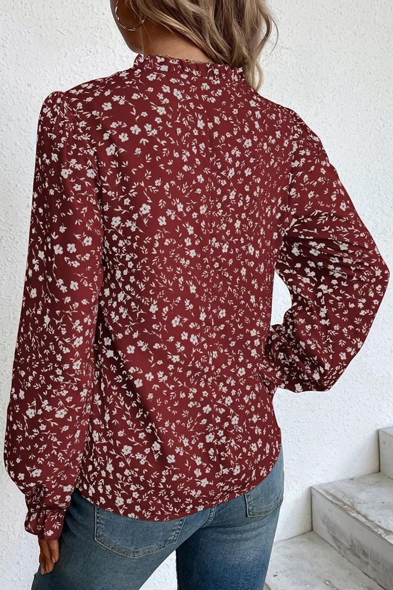 WOMEN RUFFLED SLEEVE V NECK FLORAL BLOUSE TOP - Doublju