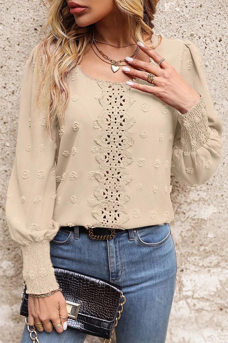 WOMEN FLORAL LACED SWISS DOT RIBBED SLEEVE BLOUSE - Doublju