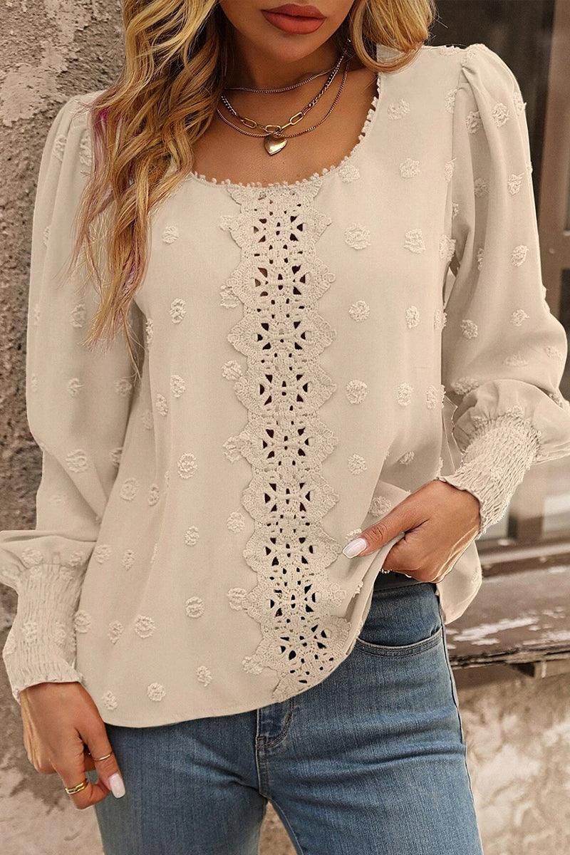 WOMEN FLORAL LACED SWISS DOT RIBBED SLEEVE BLOUSE - Doublju