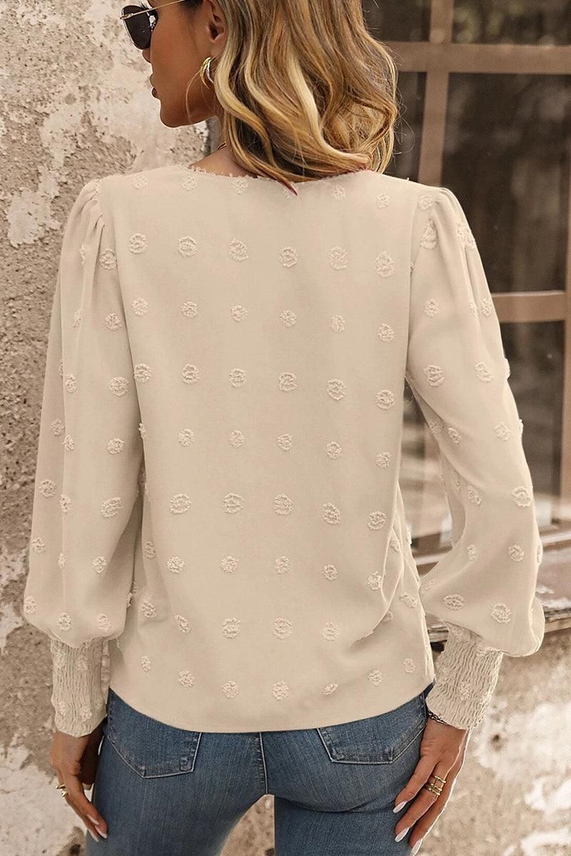 WOMEN FLORAL LACED SWISS DOT RIBBED SLEEVE BLOUSE - Doublju