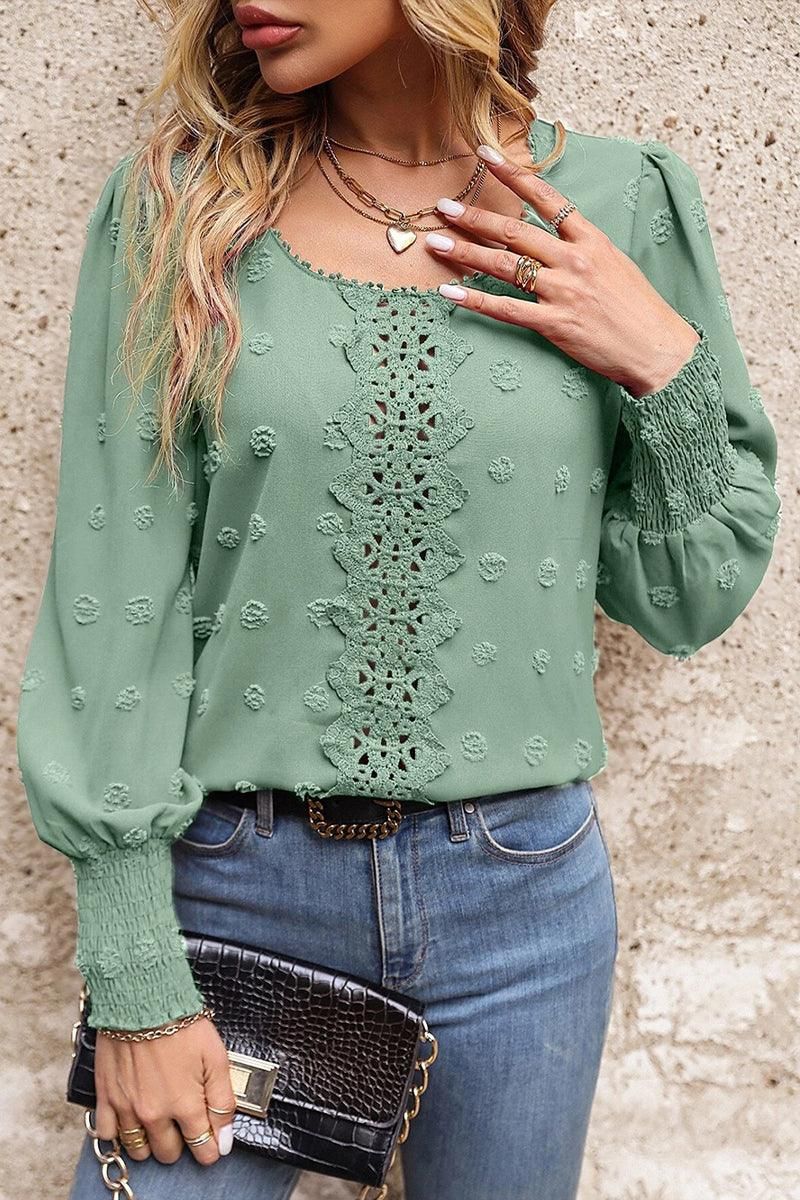 WOMEN FLORAL LACED SWISS DOT RIBBED SLEEVE BLOUSE - Doublju